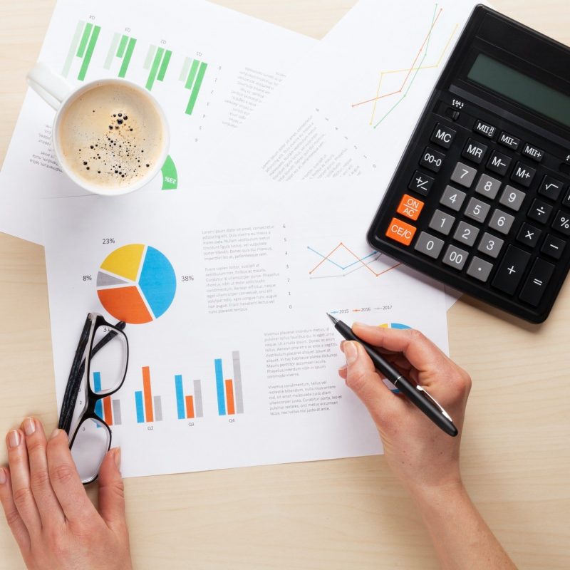 Woman working with reports and charts